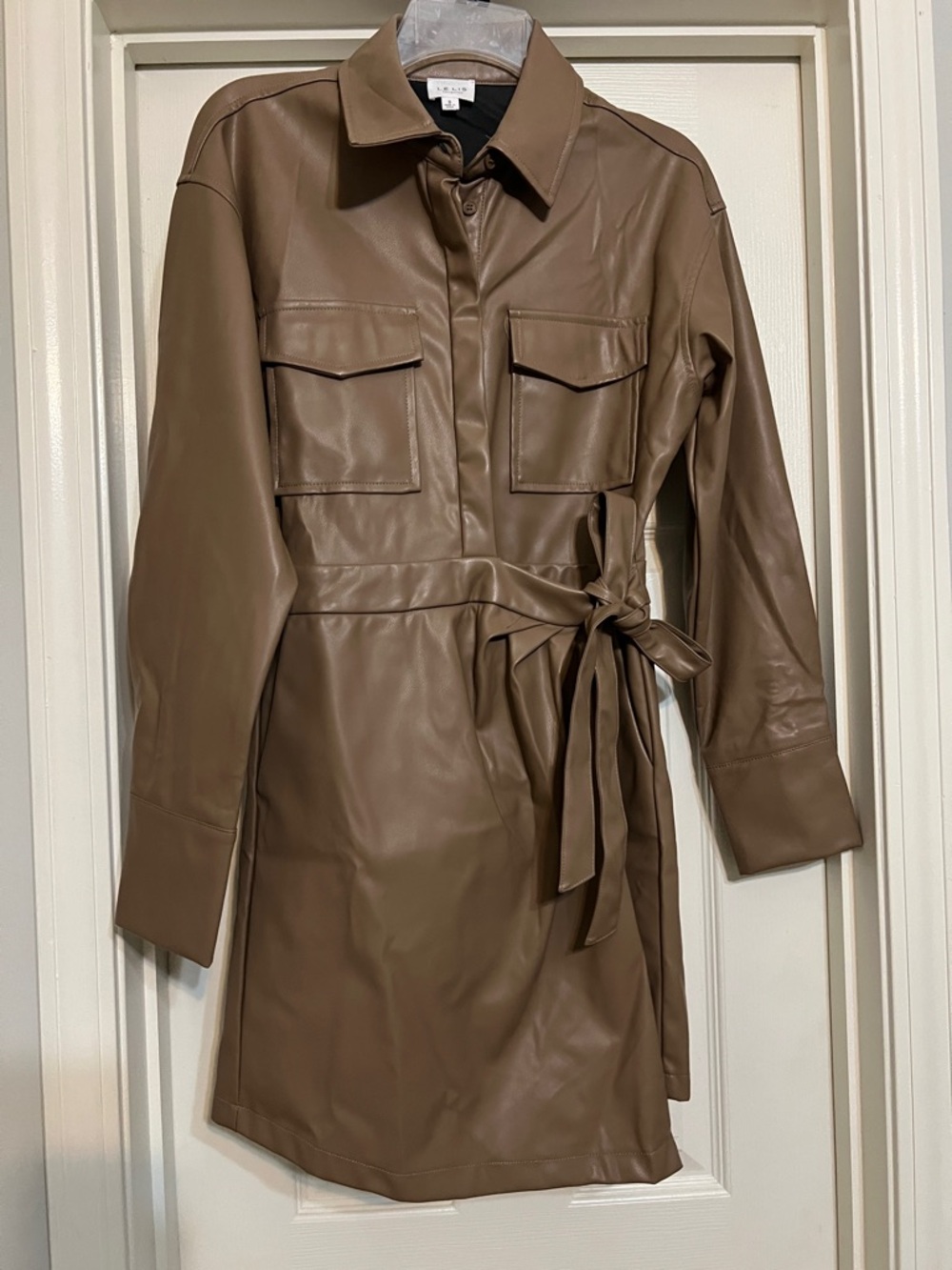 Brown Faux Leather Wrap Dress with Waist Tie